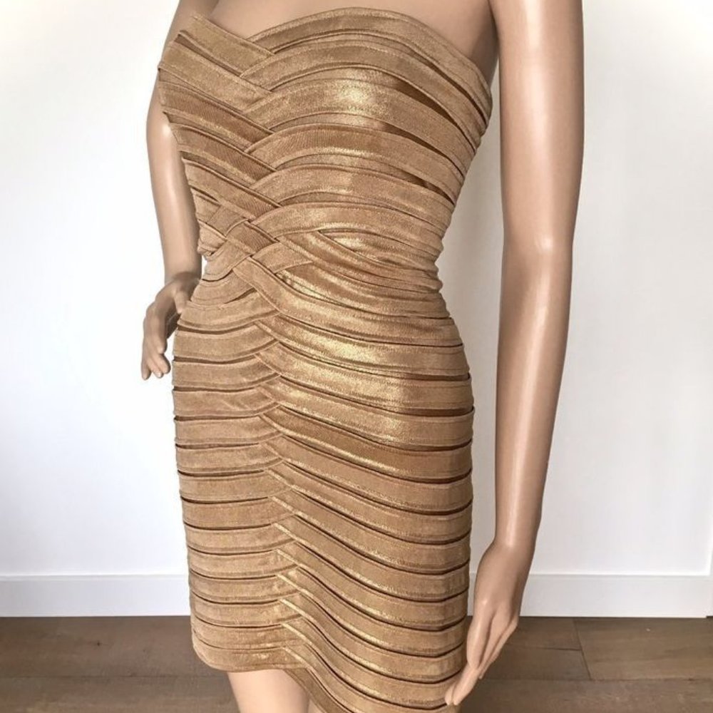 EUC BCBG Max Azria Strapless Gold Bandage Dress